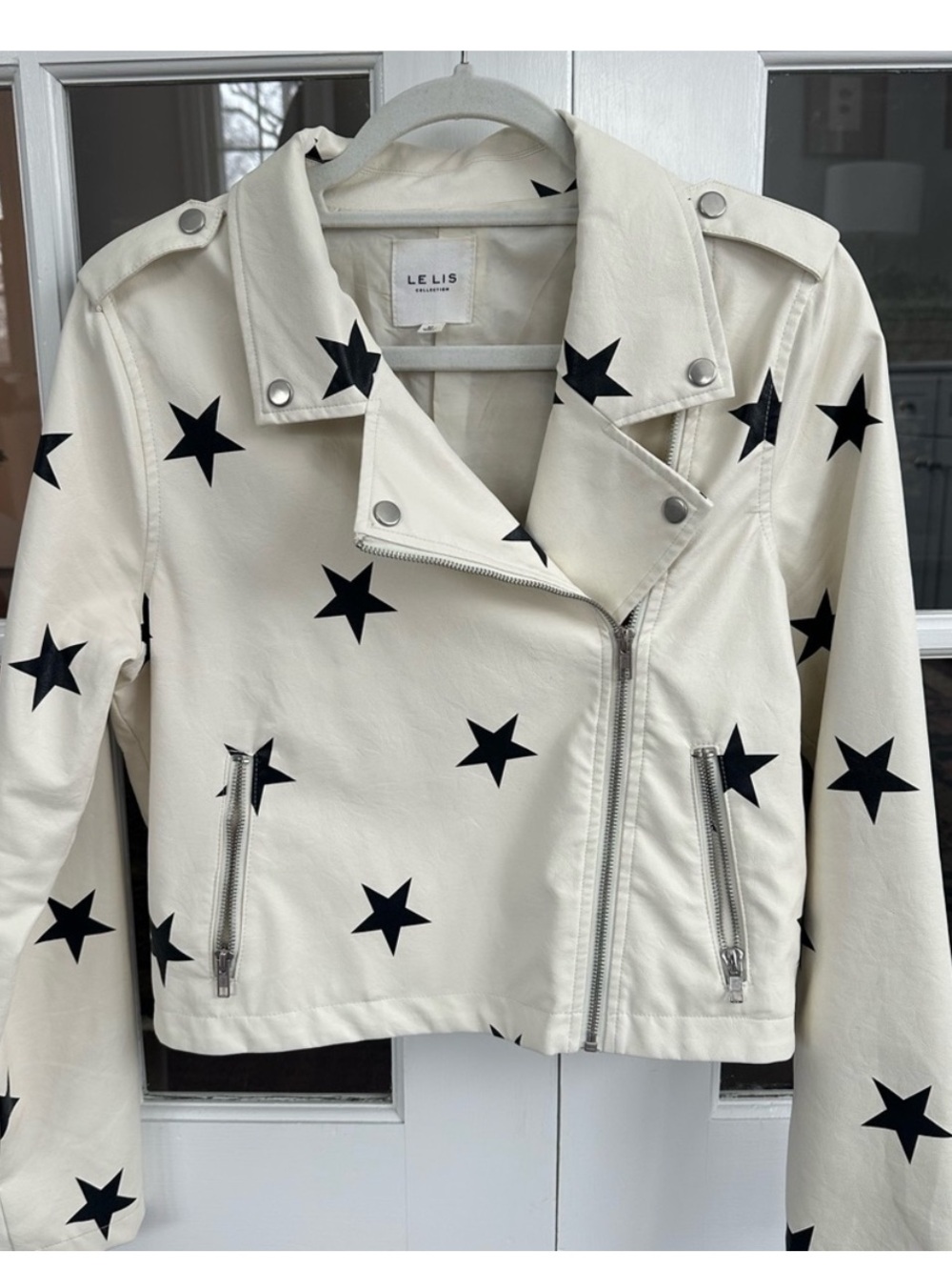 Le Lis Cream Moto Jacket with Black Star Print